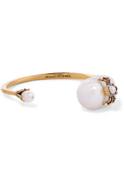 Shop Alexander Mcqueen Gold-tone, Pearl, And Swarovski Crystal Cuff In White