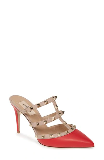 Shop Valentino Rockstud Strappy Mule In Red Leather