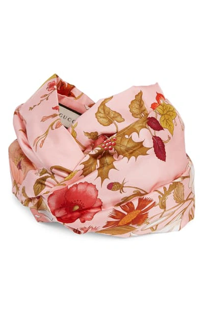 Shop Gucci Flora Print Silk Twill Head Wrap In Pink