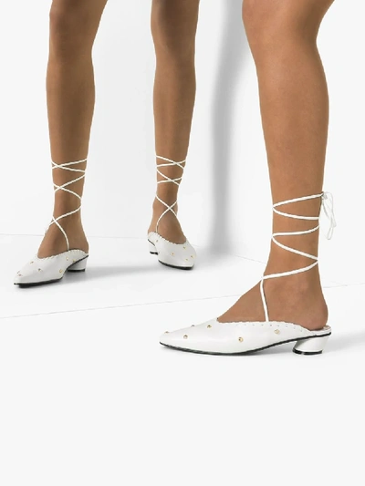 Shop Reike Nen White Sue 30 Studded Ankle Tie Mules