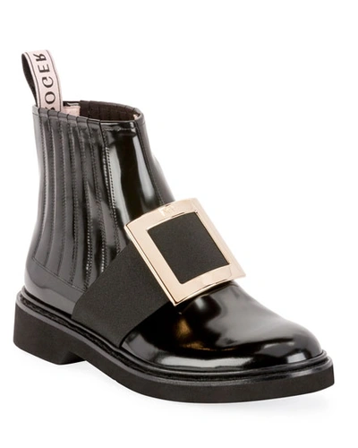 Shop Roger Vivier Viv Ranger Patent Leather Pilgrim Buckle Booties In Black