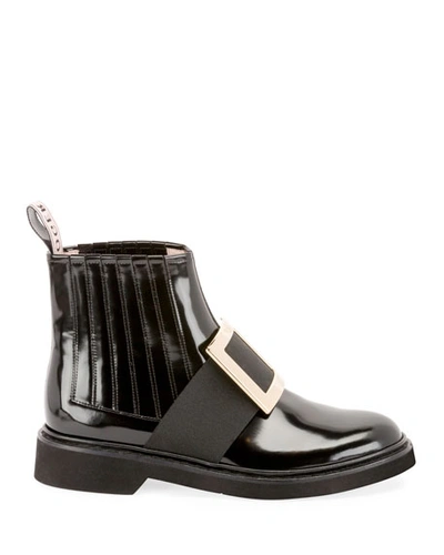 Shop Roger Vivier Viv Ranger Patent Leather Pilgrim Buckle Booties In Black