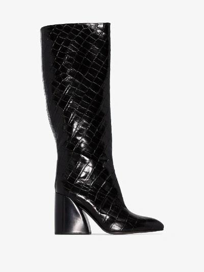 Shop Chloé Black Wave 90 Mock Croc Leather Boots