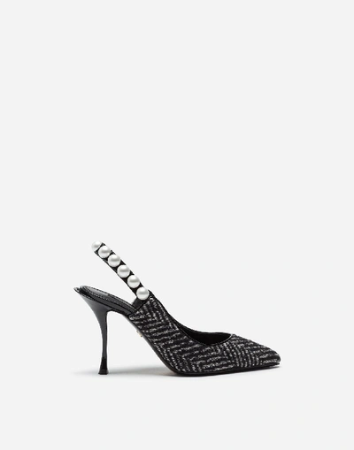 Shop Dolce & Gabbana Velvet Sling Back With Pearls In White/black