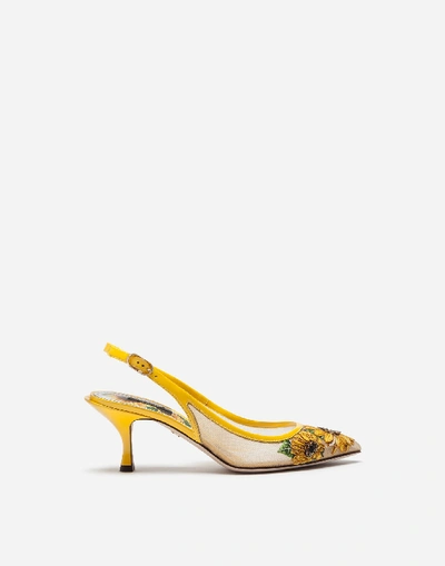 Shop Dolce & Gabbana Mesh Slingbacks With Sunflower Embroidery In Floral Print