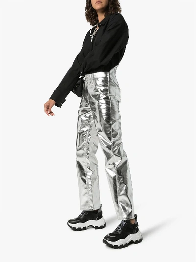 Shop Pushbutton Slim Leg Corset Back Trousers In Silver