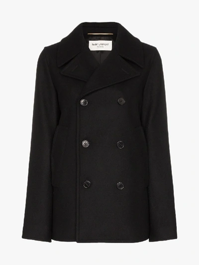 Shop Saint Laurent Double-breasted Wool Peacoat In Black