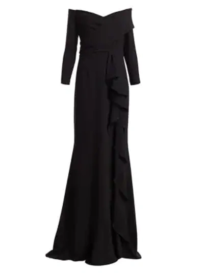 Shop Teri Jon By Rickie Freeman Three-quarter Crepe Ruffle Column Gown In Black