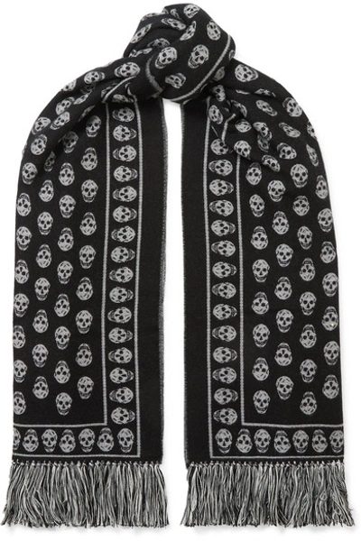 Shop Alexander Mcqueen Fringed Wool And Silk-blend Jacquard Scarf In Black
