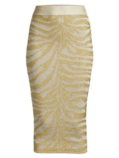 Shop Herve Leger Zebra-print Knit Lurex Pencil Skirt In Silver Gold