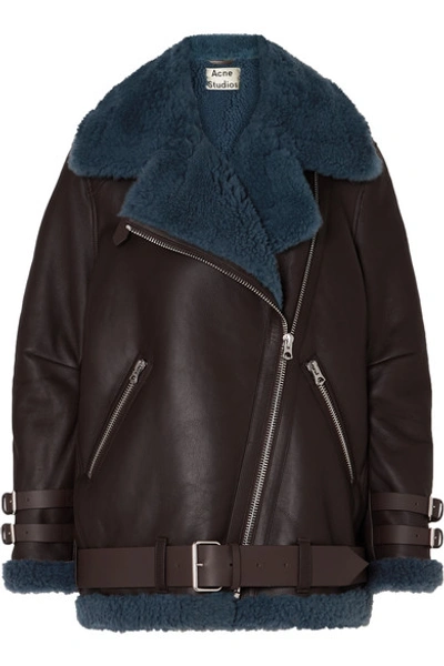 Shop Acne Studios Velocite Two-tone Shearling-trimmed Leather Biker Jacket In Brown