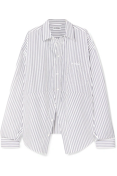 Shop Balenciaga Swing Oversized Embroidered Striped Cotton-poplin Shirt In Blue