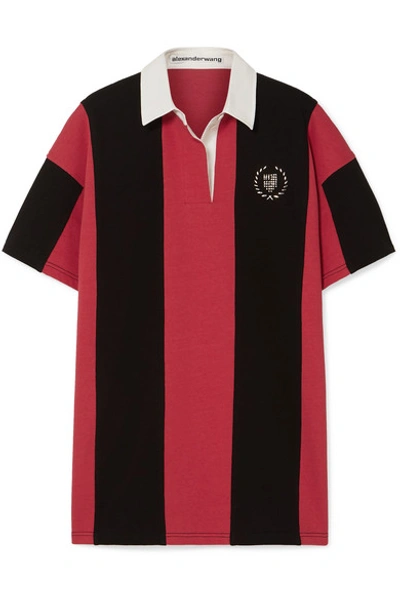 Shop Alexander Wang Oversized Embellished Striped Cotton-jersey Polo Shirt In Red