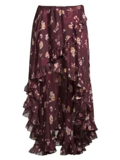 Shop Caroline Constas Adelle Floral Silk Ruffle Skirt In Bordeaux