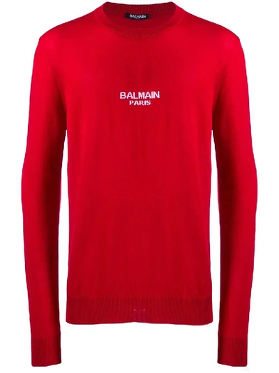 Shop Balmain Wool Logo Sweater Red