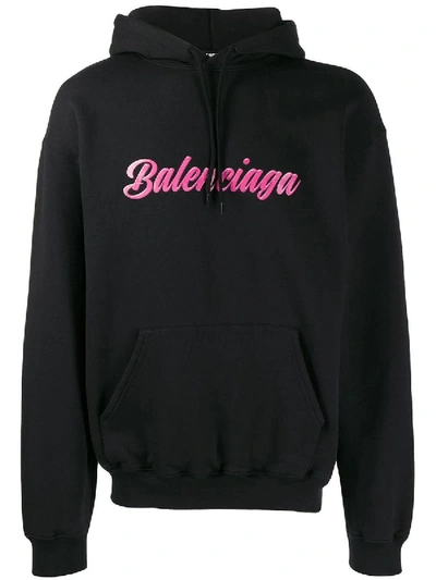 Shop Balenciaga Glossy Contrast Logo Hoodie In Black