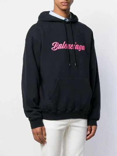 Shop Balenciaga Glossy Contrast Logo Hoodie In Black