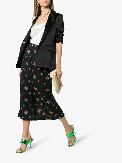 Shop Bernadette June Floral Print Button-down Silk Blend Midi Skirt In Black