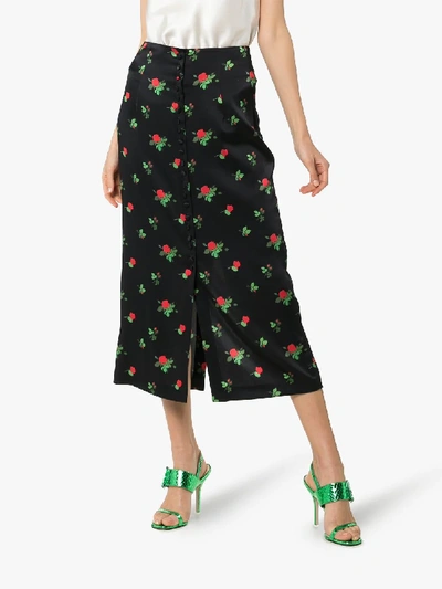 Shop Bernadette June Floral Print Button-down Silk Blend Midi Skirt In Black