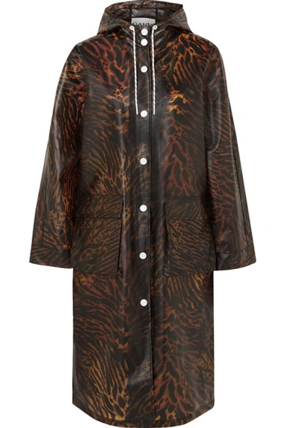 Shop Ganni Tiger-print Matte-tpu Raincoat In Brown