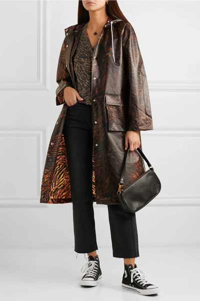 Shop Ganni Tiger-print Matte-tpu Raincoat In Brown