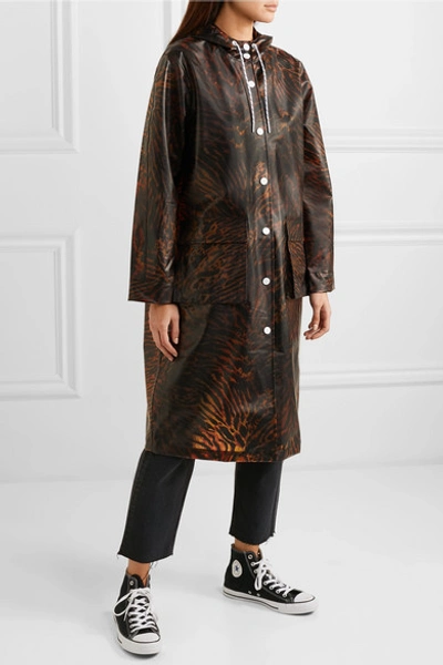 Shop Ganni Tiger-print Matte-tpu Raincoat In Brown