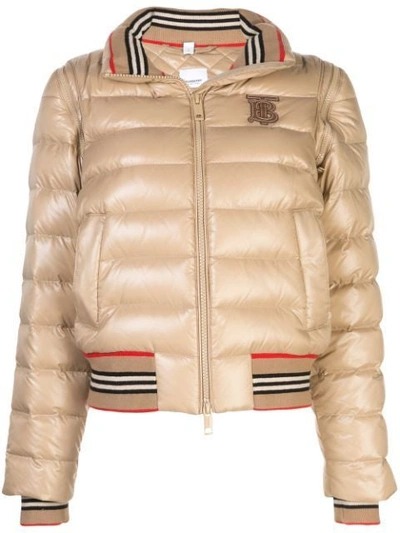 Shop Burberry Detachable Sleeve Icon Stripe Puffer Jacket In Neutral