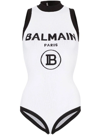 Shop Balmain High Neck Logo Bodysuit In White