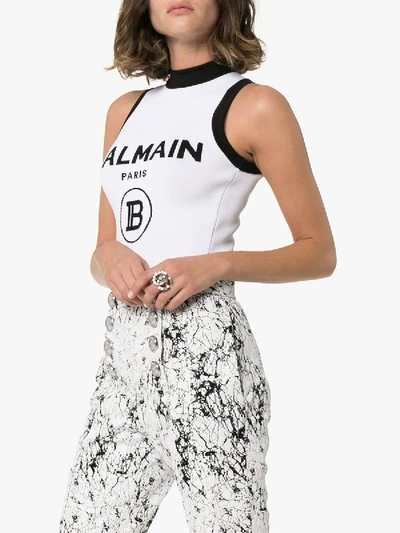 Shop Balmain High Neck Logo Bodysuit In White