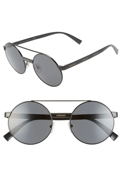 Shop Versace 52mm Mirrored Round Sunglasses - Black/ Gold/ Black Solid