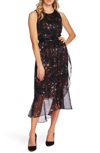 Shop Vince Camuto Floral Belted Ruffle Chiffon Dress In Rich Black