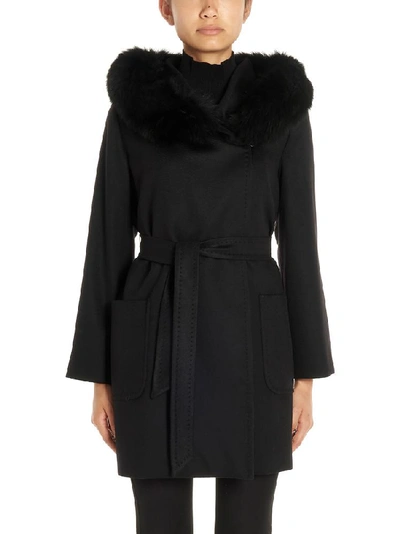Shop Max Mara Studio Hooded Belted Coat In Black