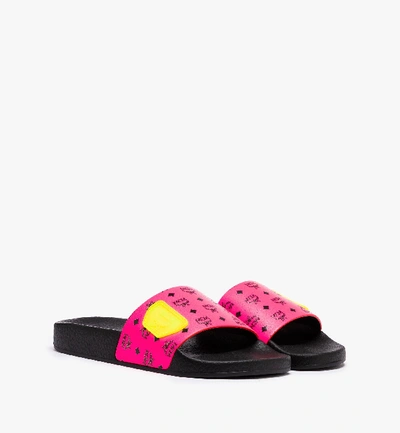 Shop Mcm Women's Flo Monogram Rubber Slides In Neon Pink