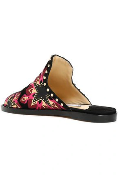 Shop Jimmy Choo Hustle Embellished Printed Suede And Textured-leather Slides In Black