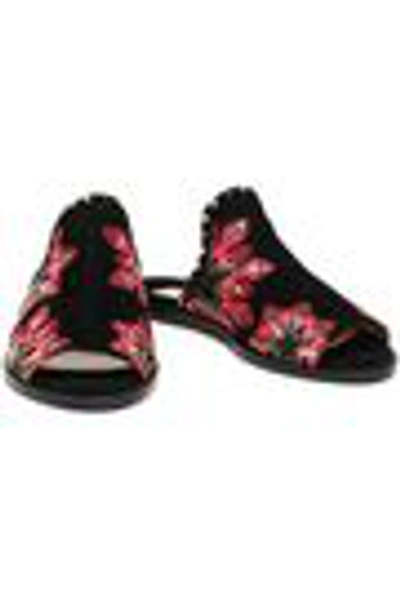 Shop Jimmy Choo Hustle Embellished Printed Suede And Textured-leather Slides In Black