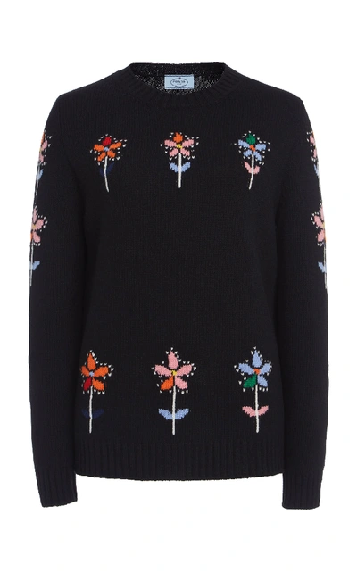Shop Prada Embroidered Wool Cashmere Sweater In Black