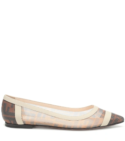 Shop Fendi Leather-trimmed Ballet Flats In Beige