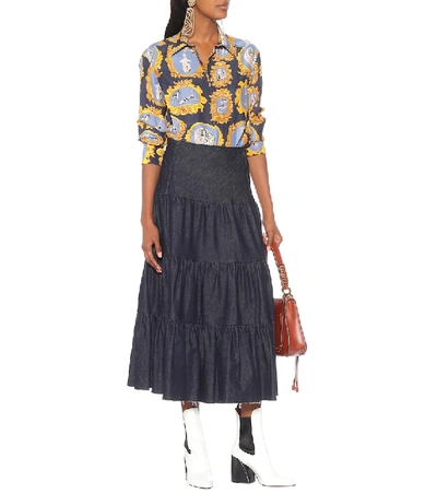 Shop Chloé Tiered Denim Midi Skirt In Blue