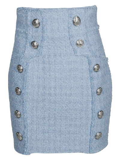 Shop Balmain Embellished Tweed Skirt In Blue