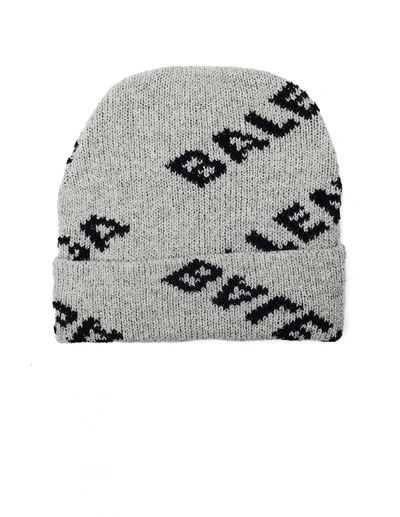 Shop Balenciaga Grey Wool Logo Beanie
