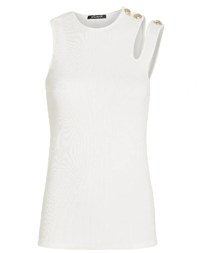Shop Balmain Asymmetric Rib Knit Button Tank In White