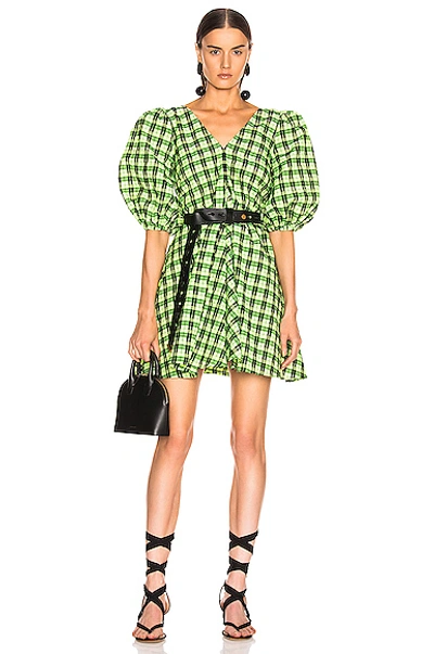 Shop Ganni Seersucker Checker Dress In Green,plaid In Neon Maze