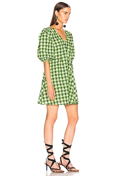 Shop Ganni Seersucker Checker Dress In Green,plaid In Neon Maze