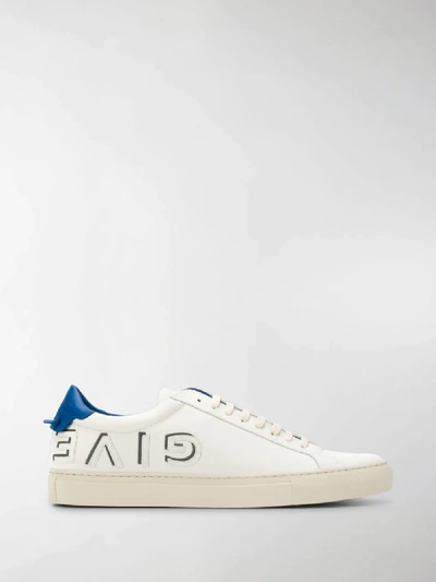 Shop Givenchy White And Blue Urban Street Logo Applique Leather Sneakers