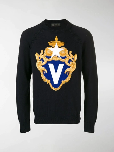 Shop Versace V Crest Logo Jumper In Blue