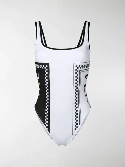 Shop Versace Logo Printed Swimsuit In White