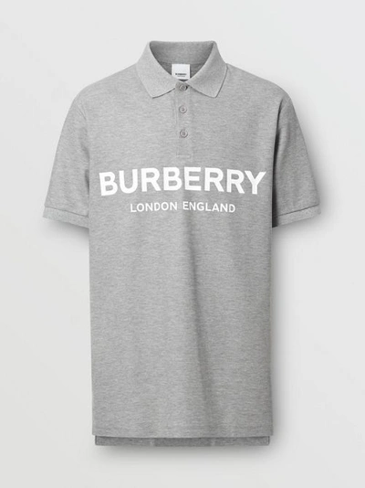 Shop Burberry Logo Print Cotton Piqué Polo Shirt In Pale Grey Melange