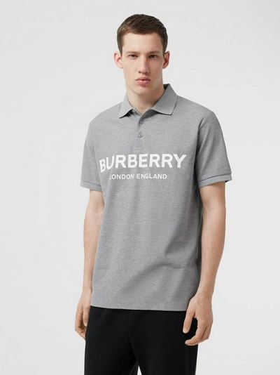 Shop Burberry Logo Print Cotton Piqué Polo Shirt In Pale Grey Melange