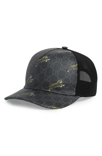 Shop Gucci Tiger Print Gg Supreme Baseball Cap In Black