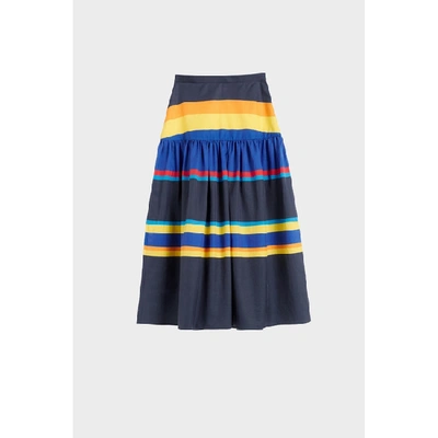Shop Chinti & Parker Navy Sunset Stripe Cotton-silk Midi Skirt